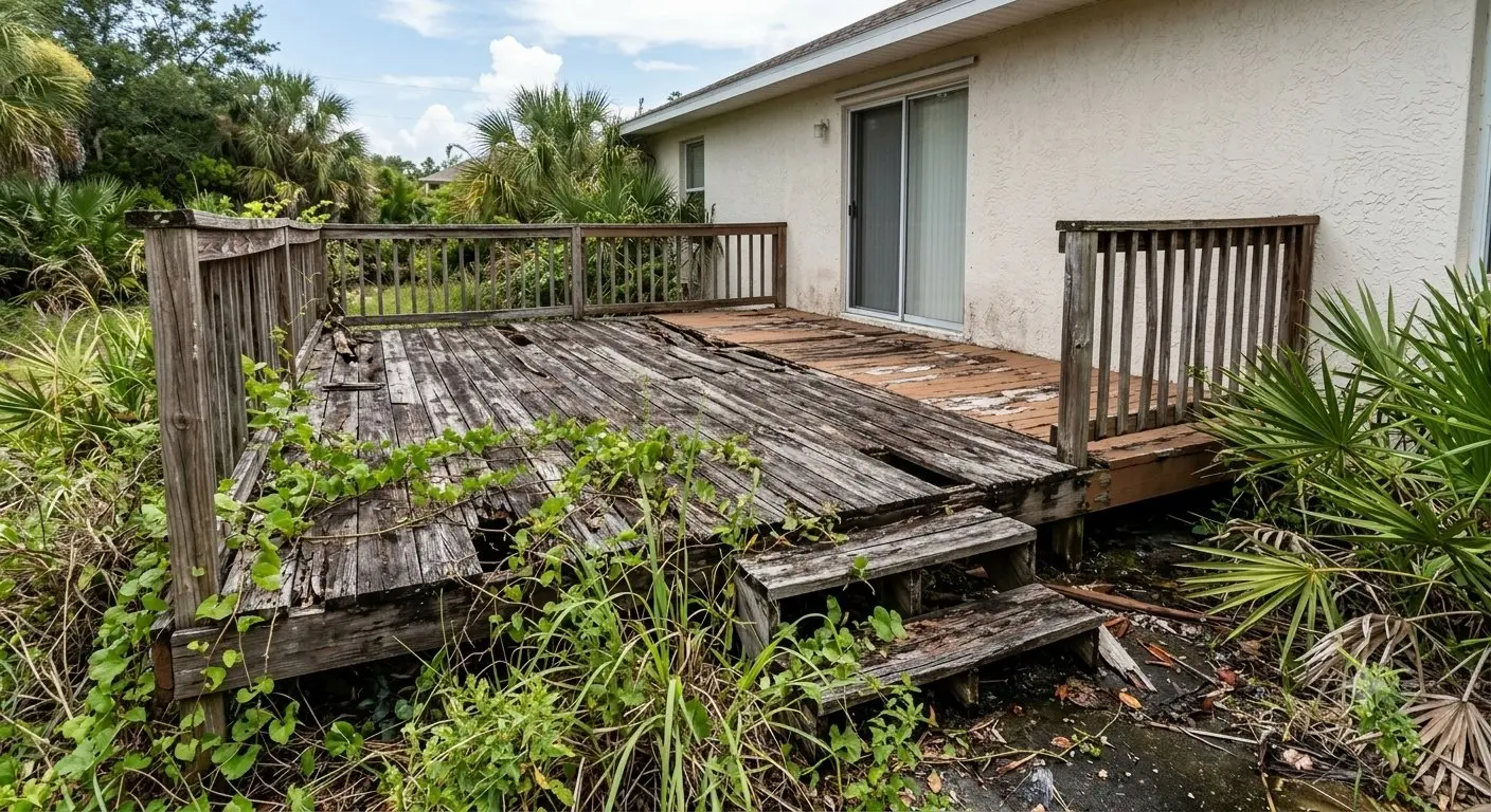 Old rotted wood deck needing repair in Tarpon Springs
